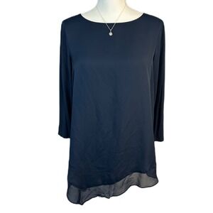 Jones New York Women Asymmetric Sheer Hem Tunic Top Sz 6 Navy Blue Office Career